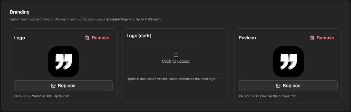 The Branding card in the gochron dashboard, with three upload slots:
Logo, an optional dark-mode logo, and Favicon. The Logo and Favicon
slots show a customer wordmark already
uploaded.