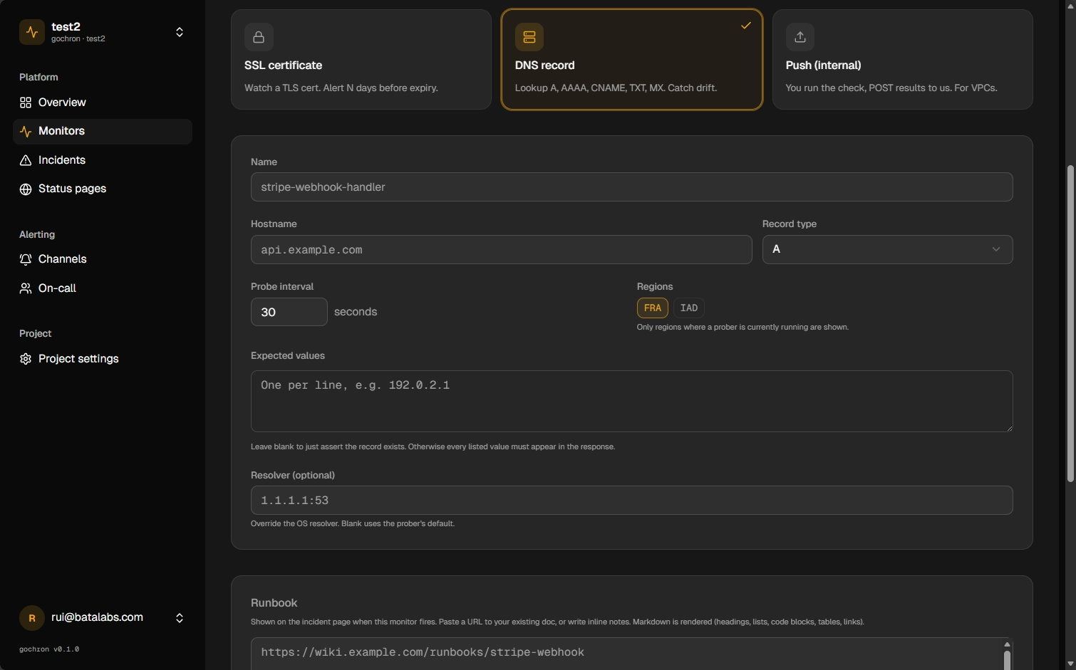 Creating a DNS record monitor in the gochron dashboard