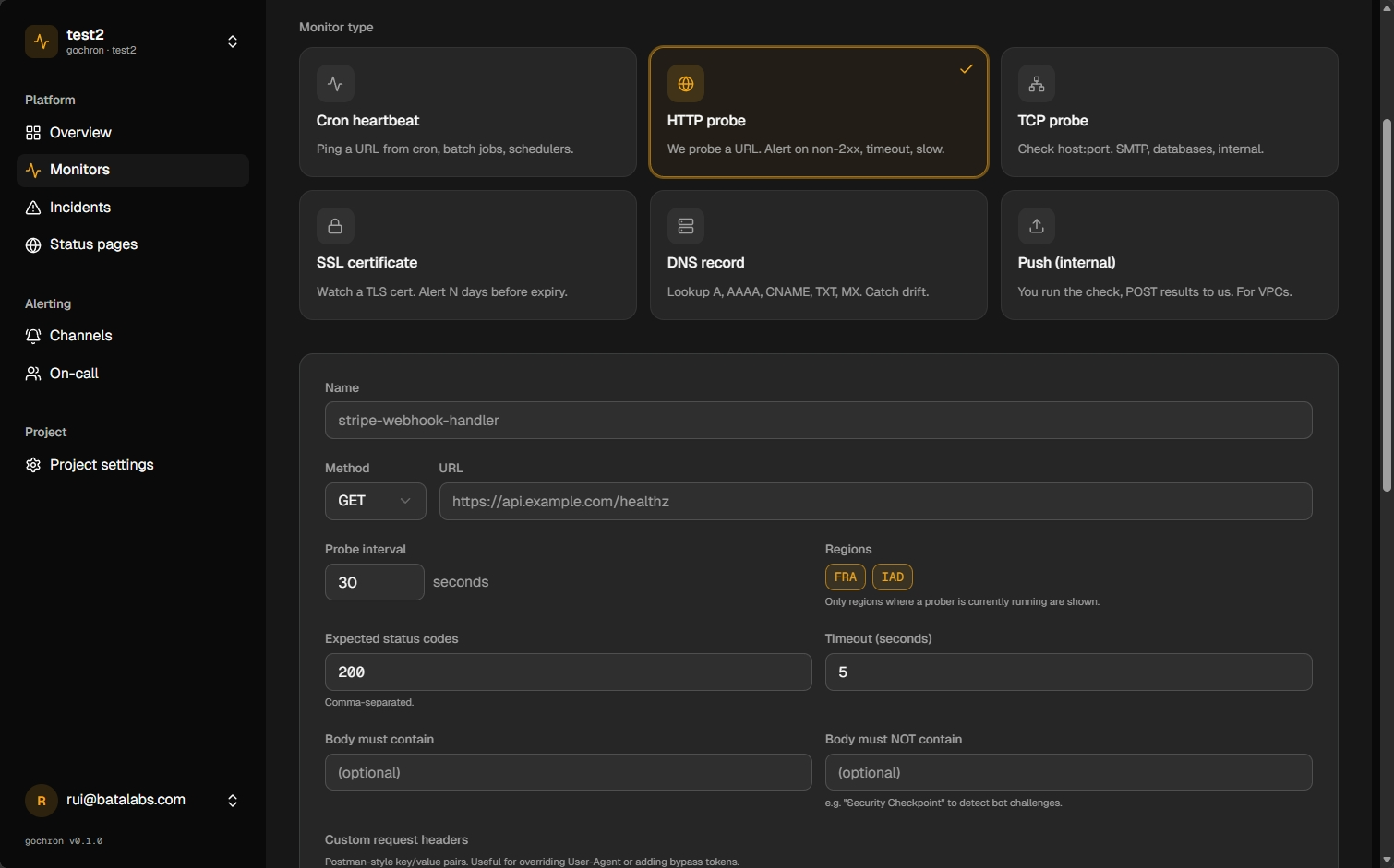 Creating a HTTP probe monitor in the gochron dashboard