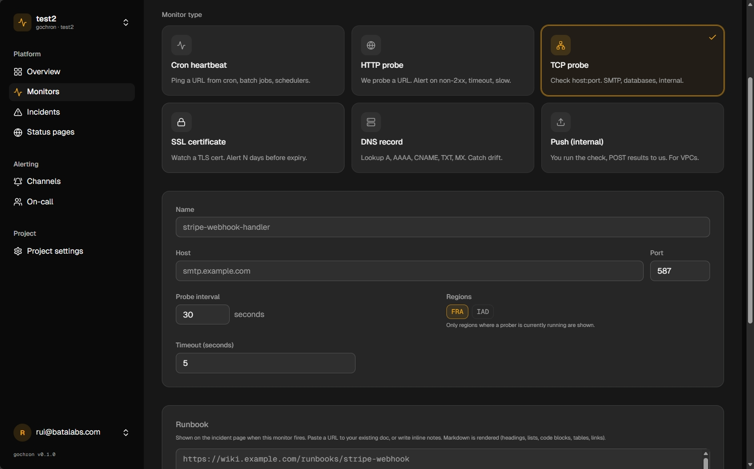 Creating a TCP probe monitor in the gochron dashboard