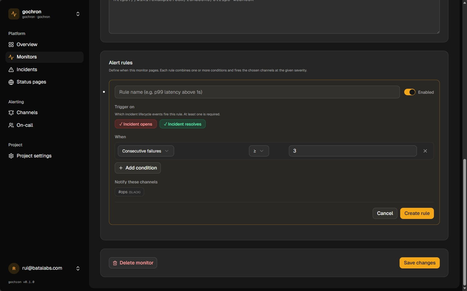 The gochron Alert rules feature in the dashboard