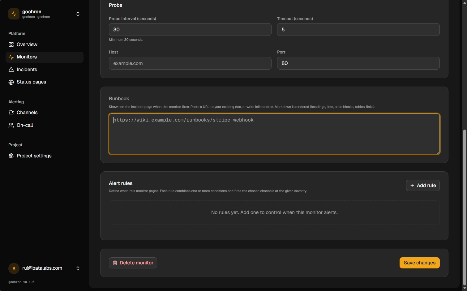 The gochron Runbooks feature in the dashboard